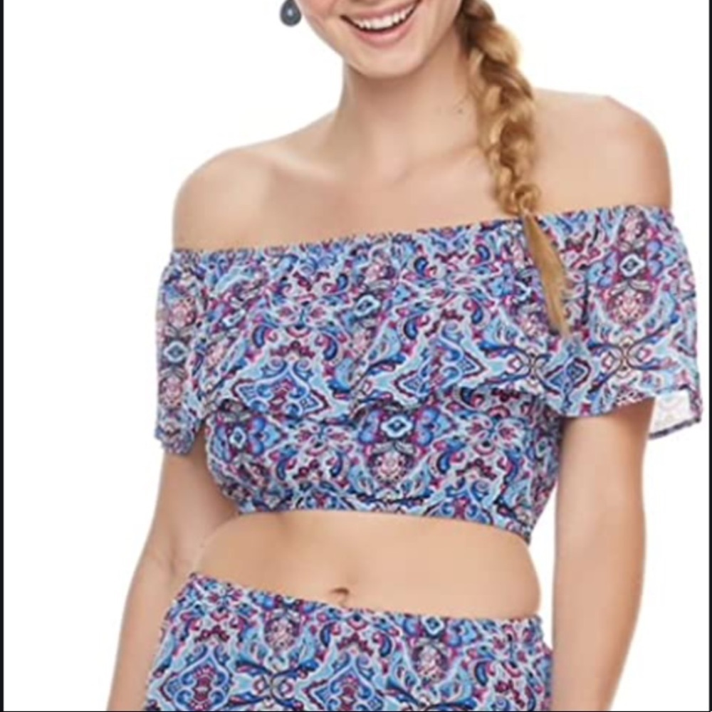 Speechless Blue Ruffle Off the Shoulder Crop Top